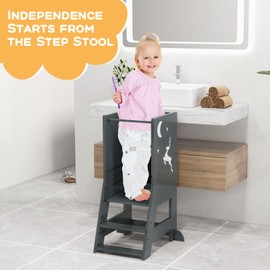 Costzon Toddler Tower, Wooden Kids Kitchen Stool Helper with Height Adjustable Platform, Safety Rail, Whiteboard & Chalkboard, Toddler Standing Tower for Kitchen Counter, Bathroom Sink (Grey)