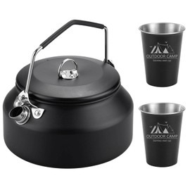 3PCS Camping Kettle Outdoor Campfire Camp Kettle Set with 2 Cups, 1L Stainless Steel camping tea kettle Coffee Pot, Portable Lightweight Teapot, Ideal for Hiking Picnic Travel, Black
