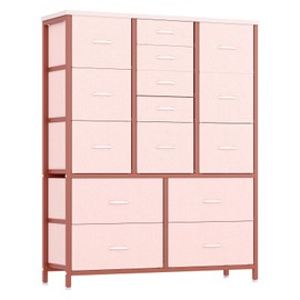 GarveeHome 15 Drawers Dressers, Chest of Drawers with Wood Tabletop, Metal Frame, Storage Organizer Unit with Fabric, Tall Dressers for Bedroom Living Room Hallway Entryway, Pink