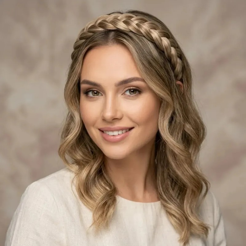 Diadema De Trenza Cabello Sintético Realista Semirigida 1p F Café