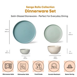 Sango Rollo 16-Piece Artist's Blend Casual Stoneware Dinnerware Set- Service for 4, Includes Larger & Smaller Bowls, Microwave & Dishwasher Safe, for Everyday Dining & Entertainment