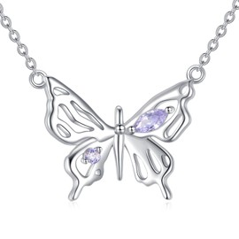 VONALA Butterfly with Purple Zircon 925 Sterling Silver Necklace Pendant Jewellery for Women Mother's Day Christmas, Sterling Silver, No Gemstone