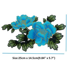 Peony Flowers with Dark Green Leaves Embroidered Appliques Sew Iron on Patches-Blue