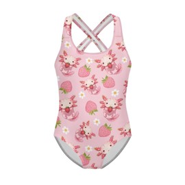 Dremagia Axolotl Swimsuit 5T-14 Girls One Piece Bathing Suit Strawberry Print Kids Beach Swimwear with Cross Back Strap Bikini Bottom Dance Gymnastics Leotard Quick Dry Racerback Swim Suits