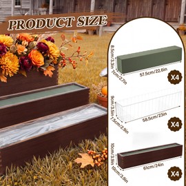 4 Set Rectangle Wooden Planters, 24 x 4 Inch Wood Boxes with Removable Plastic Liner & Floral Foam Blocks, Rustic Wood Planter for DIY Centerpieces Home Wedding Garden Bookshelf Decor (Brown)