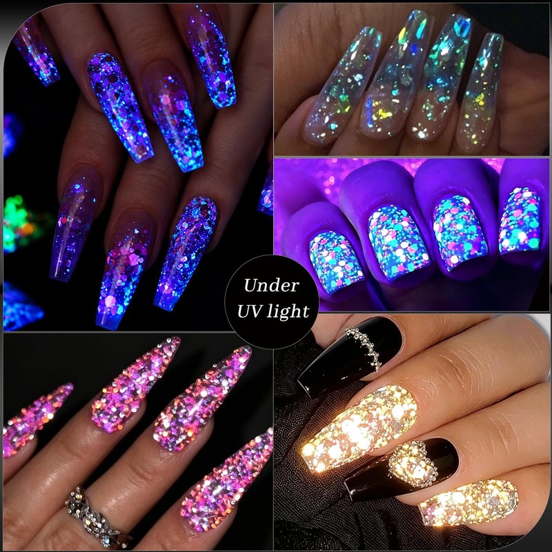 Fluorescent Nail Glitter Sequins Set for Gel Nails, Halloween Flakes