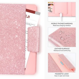 NatureTouch Padfolio Portfolio PU Leather Binder, Glitter Letter/A4 Size Notebook Clipboard Organizer with Pockets Resume Folder for Business School Office Women & Men,Gift Pink