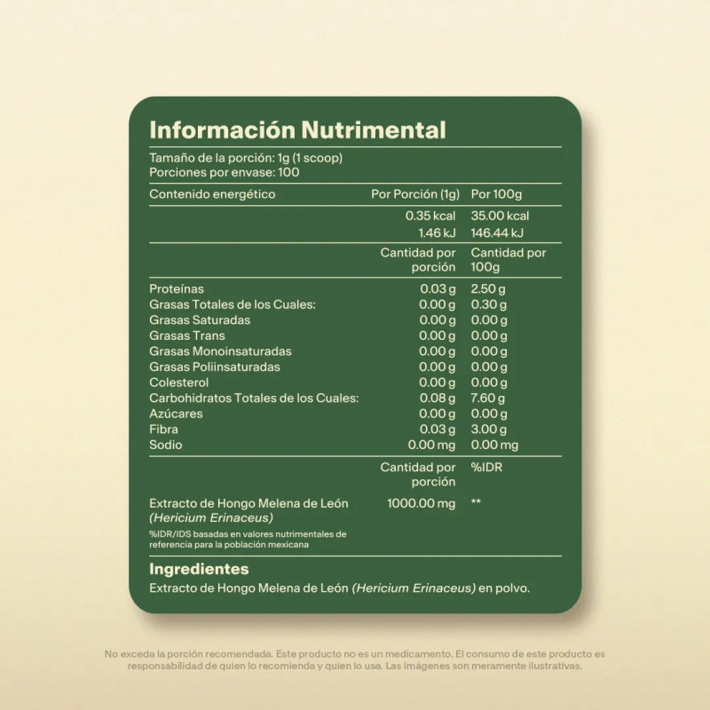 Extracto Hongo Melena De León Orgánico Polvo 100g Adaptogeno Sabor