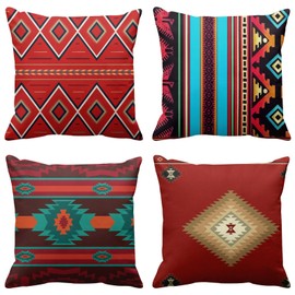 ArtSocket Set of 4 Throw Pillow Covers South Southwest Western Tribal Red Native Home Cultural Geometric Hue Country Decorative Pillow Cases Home Decor Square 16x16 Inches Pillowcases