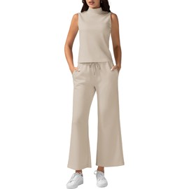 Casly Lamiit Womens Summer Outfits Mock Neck Tank Top Matching Set High Waisted Crop Pants Tracksuit 2025 Trendy Fashion Clothes Dressy Lounge Sets Work Travel Sweatsuit Beige L