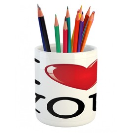 Ambesonne I Love You Pencil Pen Holder, Valentines Message Birthday Best Friends Love Celebration Together Theme, Ceramic Pencil Holder for Desk Office Accessory, 3.6" X 3.2", Red White Black