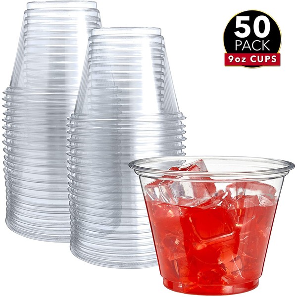 50 Clear Plastic Cups | 9 oz Plastic Cups | Disposable Cups | PET Clear Cups | Plastic Wine Glasses | Clear Plastic Party Cups