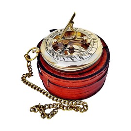 Brass Sundial Compass with Leather Case and Chain - Push Open Compass –Camping/Hiking Steampunk Accessory - Golden Finish - Beautiful -Sundial Clock Anniversary/Valentine’s Gift (Brass and Leather)