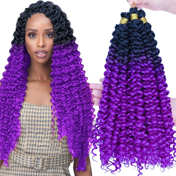 5Pack Curly Crochet Hair Purple Ombre Water Wave Crochet Hair 14inch Kinky Curly Crochet Braids Hair for Black Women(1b/Purple,500g/Lot)