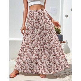 Hotouch Skirt Women's Long High Waist Skirts Elegant Maxi Skirt A-line Layering Drawstring Midi Casual Skirt Plain Skirt with Pockets, Z-Flowers-A, S