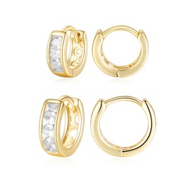 18K Yellow Gold Plated Hoops Huggie Stud Earrings Set Cubic Zirconia Earrings for Women Pack of 2 Pairs