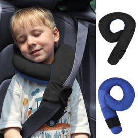 WENRENER Kids Travel Neck Pillow, Soft Kids Travel Pillow for Head, Neck, Chin, Size-Adjustable Toddler Pillow with Comfortable Support in Car Seat, Airplane & Road Trip, Black & Light Blue