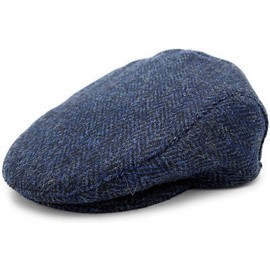 Mens Harris Tweed Flat Cap Comfort Fit Quilted Lining Made in Scotland S-XXL (UK, Alpha, L, Navy Herringbone)