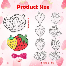 Motipuns 32 Set Strawberry Cutouts Crafts Kit with Ribbons, Color Your Own Strawberry Set Coloring Unfinished Ornaments for Birthday Party Favors Baby Shower Decorations