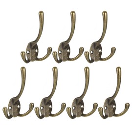 sourcing map Wall Hooks, 7Pcs - Zinc Alloy Three Prong Retro Coat Hook, Wall Mounted Hooks for Hanging Towel Clothes Backpack Scarf Hat (Bronze)
