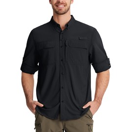 TACVASEN Sun Shirts for Men Long Sleeve Button Down Mens Fishing UV SPF UPF 50+ Shirts for Work Safari Hiking Lightweight Shirts Black