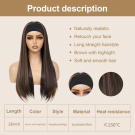 Yacurcur Headband Wigs Silky Straight Hair Glueless Headband Wig None Lace Front Hair Headband Wig Synthetic Straight Hair Headband Wigs for Women 150% Density Brown with Highlight Color 28 Inch