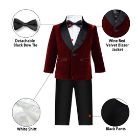 Boy's Tuxedo Formal Suit Set, Velvet Blazer Jacket, Shirt, Bow Tie and Dress Pants Dresswear, Burgundy, 3-4 Years = Tag 120