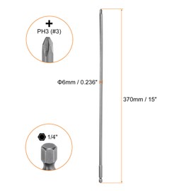 HARFINGTON 2pcs #3 Phillips Screwdriver Bit PH3 1/4" Hex Shank 15" (370mm) Long Magnetic S2 Steel Industrial Grade Screw Driver Bit Cross Head Electric Drill Bits 0.236" (6mm) Rod
