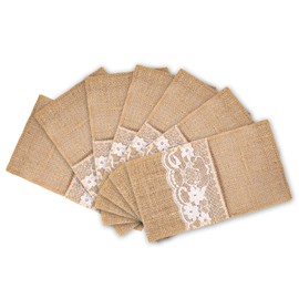 MDS Pack Of 50 Wedding Burlap 4 x 8 Inch Burlap Lace Utensil Cutlery Holders Pouch Silverware Holder Knifes Forks Bags Burlap Napkin Bag for Rustic Wedding Party and Tableware Decorations