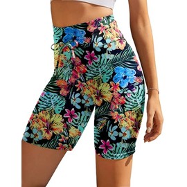 Ekouaer - Pantalones cortos de natación de cintura alta para mujer, pantalones cortos de playa, surf, S-4XL, Flores tropicales rojas, Large
