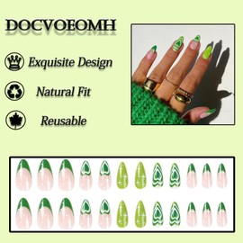 Green Press on Nails Medium Almond Shaped Fake Nails Heart Design Full Cover Glue Stick on Nails for Women