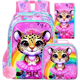 CCJPX 3PCS Ballet Backpack for Girls, 16 Inch Kids Leopard Water Resistant Preschool Bookbags, Cute Elementary Kindergarten School Backpacks and Lunch Box