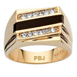 PalmBeach Men's Yellow Gold-Plated Emerald Cut Natural Black Onyx and Round Crystal Ring Sizes 8-13 Size 10