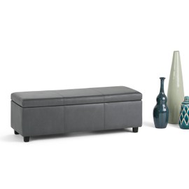 SIMPLIHOME Avalon 48 inch Wide Rectangle Lift Top Storage Ottoman Bench in Upholstered Stone Grey Faux Leather with Large Storage Space for the Living Room, Entryway, Bedroom, Contemporary