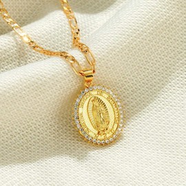 Our Lady of Gudalupe 20" Necklace 14K Gold Plated - Guadalupe Medalla Oro Laminado - Guadalupe Cadena Para Mujer- Virgin Mary Necklace