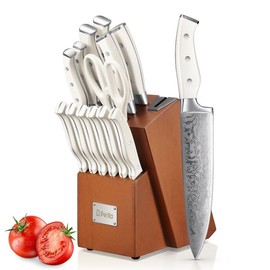 D.Perlla Knife Set, 14 PCS Stainless Steel Kitchen Knives Block Set with Built-in Sharpener, White - Color: Ceramic White 16 pcs
