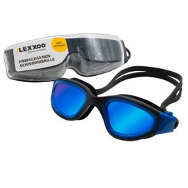 LEXXOO Schwimmbrille mit polarisierender Beschichtung und UV-Schutz - wasserdichte Anti-Beschlag Schwimmbrille für Herren und Damen, mit Druckknopf-System und großem Sichtfeld - Dunkelblau/Schwarz