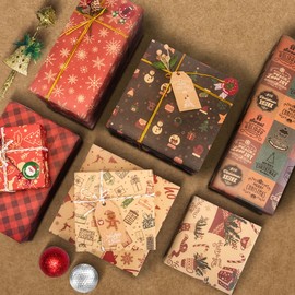 Larcenciel Christmas Wrapping Paper Set, 10 Sheets Christmas Paper + Gift Tags + Stickers + Packing Rope, Kraft Paper with Christmas Elements Gift Wrapping for Party (70 x 50 cm)