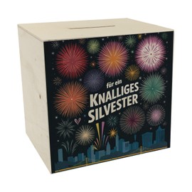 Fireworks New Year's Eve Money Box Made of Wood - Bright New Year's Eve Colourful Fireworks Illustration with Skyline Rockets Festive for a Bright Start to the New Year