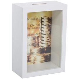 Brandsseller money box, money can, picture frame design with window and scale motifs, millionaire, world travel