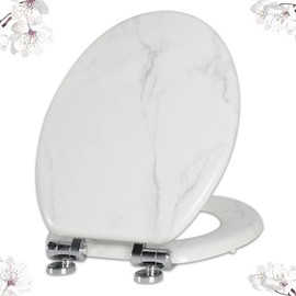 Angel Shield Marble Toilet Seat Durable Molded Wood with Quiet Close,Easy Clean，Quick-Release Hinges (Elongated,White Marble)