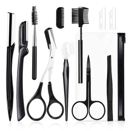 VOANZO 11pcs Eyebrow Grooming kit Eyebrow Razor kit Women Men Eyebrow Kit with Eyebrow Brush Eyebrow Scissor Leather Case for Beginners