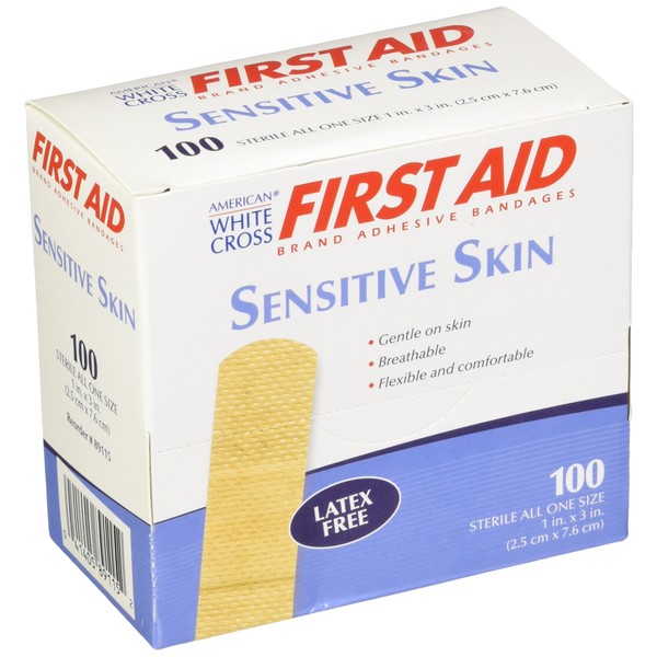 American White Cross Sensitive Skin Adhesive Strips, Sterile, 1" x 3", 100 per Box, 12 Box per Case (Pack of 1200) (89115)