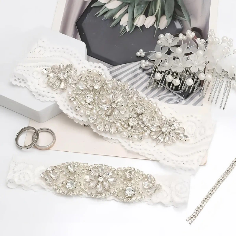 Conjunto Liguero De Encaje Elástico De Novia Con Cristal Per