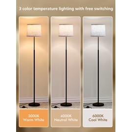 Hikczc 60" Modern Floor Lamp for Living Room Bedroom, Standing Lamp with Oatmeal Linen Lampshade, Tall Lamp with A19 9W 3 Color Temperature Bulb, Foot Switch Control, Black