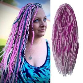 22" Wool Double Ended Dreadlock Extensions, 15 Strands Handmade White Mixed Pink Wool DE Dreads Extensions, Hippie Soft Dreads Style for Woman