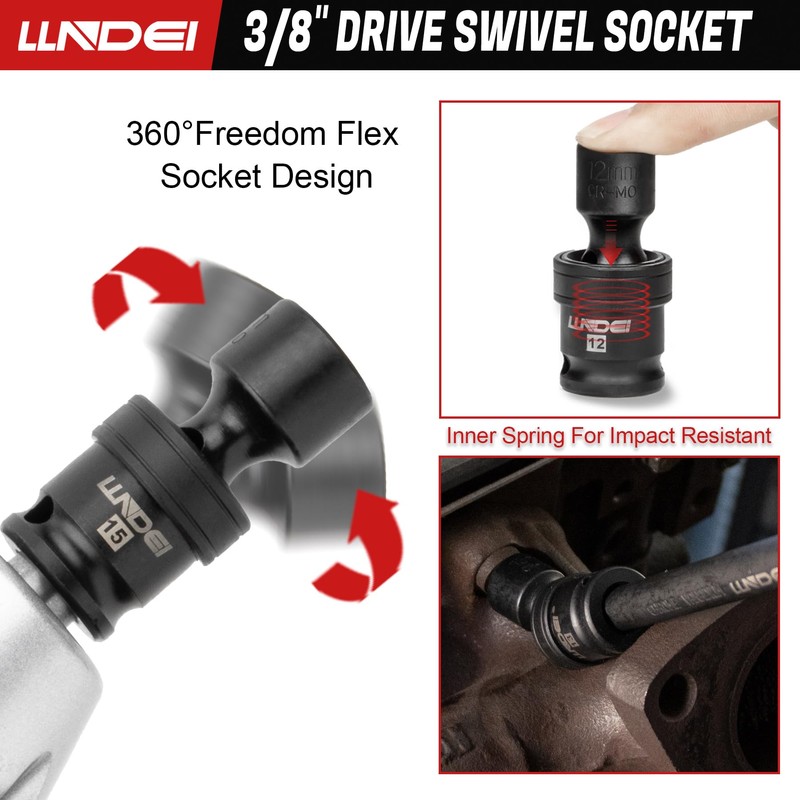 LLNDEI 3/8" Drive Universal Impact Socket Set, 19 Pieces CR-MO