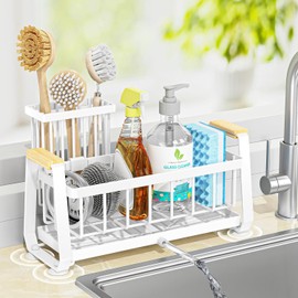 Doasuwish Kitchen Sink Caddy with High Brush Holder,Self-Draining kitchen Countertop Organizer,Rustproof 304 Stainless Steel,Non-Slip Stability High Storage Sponge Holder for Kitchen Sink White