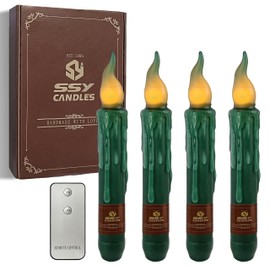 Dark Green Flameless Short Taper Candles, Real Wax Hand Dipped LED Battery Operated with Remote, Flickering Flame Lights for Festival Party Home Décor, 6.7 Inch Primitive Flameless Candles, 4PCS
