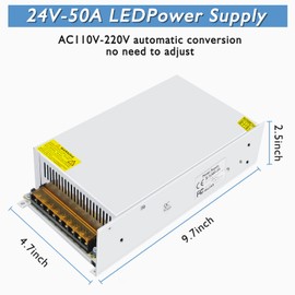 DC Power Supply 24V 1200W, AC 110V-220V to DC 24V 50A 1200W Universal Regulated Switching AC to DC Converter Built-in Cooling Fan for LED Strip Light CCTV Computer Project 3D Printer